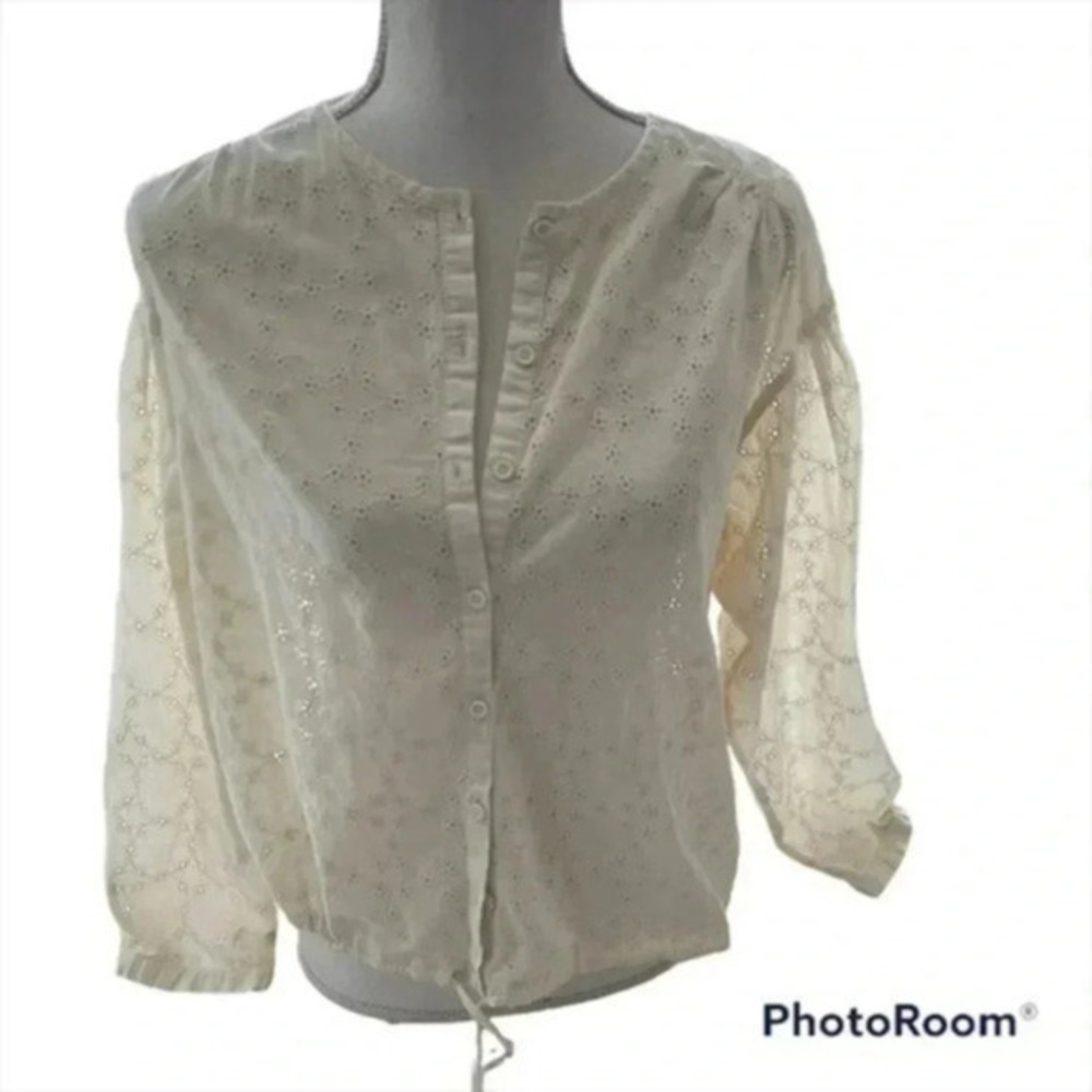 Free People Womens Eyelet Lace Drawstring Button Blouse Bohemian Cream T…
